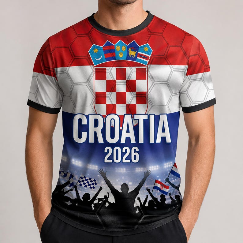 Pu&ograve; includere: Una t-shirt a maniche corte con la bandiera croata rossa, bianca e blu con un motivo a nido d'ape sovrapposto. Il design include lo stemma croato, la scritta "CROATIA 2026" in bianco e una grafica di una folla festante in uno stadio.