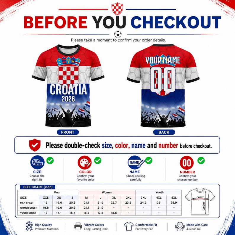 Pu&ograve; includere: Una t-shirt a maniche corte con il design della bandiera croata, il testo Croatia 2026 e una grafica di una folla in uno stadio. Il retro mostra il testo Your Name e il numero 00. Include una tabella delle taglie con misure in pollici per uomini, donne e giovani.