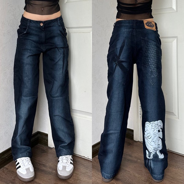 Hip Hop Streetwear Big Pocket Death Print Baggy Pants, Vintage High Waist Denim Pants Harajuku Trousers