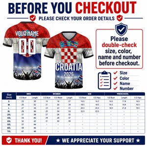 May include: A custom sports jersey featuring the Croatian flag design with a red and white checkerboard pattern, text reading CROATIA 2026, and a stadium crowd graphic. Includes a size chart with measurements in inches and order verification text.