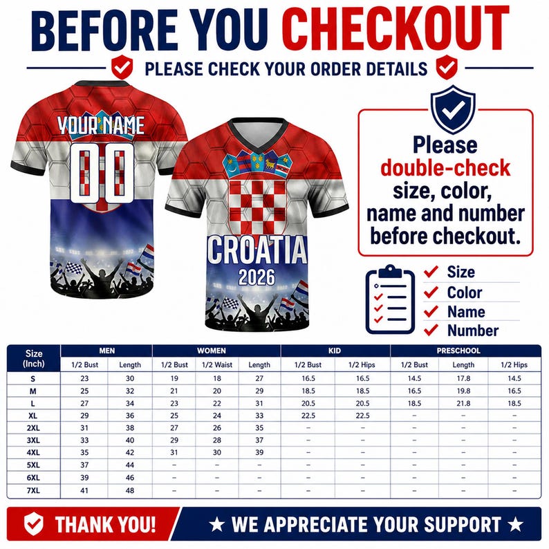 May include: A custom sports jersey featuring the Croatian flag design with a red and white checkerboard pattern, text reading CROATIA 2026, and a stadium crowd graphic. Includes a size chart with measurements in inches and order verification text.