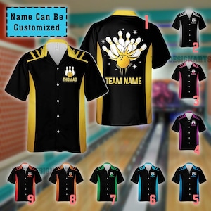 May include: Black bowling shirt with yellow trim and a bowling pin and ball design. The shirt has a button-down front and a collar. The text "Name Can Be Customized" is visible. Other shirts with different colour accents are also shown.