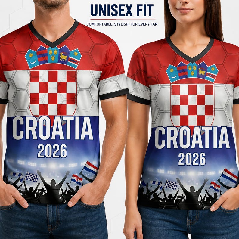 May include: A V-neck t-shirt featuring the red, white, and blue Croatian flag pattern with a checkerboard crest, the text CROATIA 2026, and a graphic of a cheering crowd with flags. The shirt has a black collar and a subtle hexagonal background pattern.