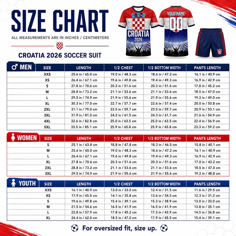 Pu&ograve; includere: Una tabella delle taglie per una divisa da calcio Croazia 2026 con una maglia rossa, bianca e blu a scacchi, pantaloncini blu scuro abbinati e una tabella dettagliata che elenca le misure in pollici e centimetri per uomini, donne e ragazzi.