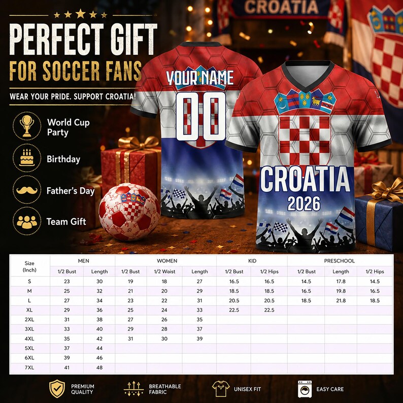 May include: A red, white, and blue soccer jersey featuring the Croatian flag pattern, the text 'CROATIA 2026', and a graphic of a crowd. The back displays 'YOUR NAME' and '00'. A size chart with measurements in inches is included below the jersey.