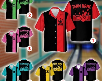 Personalized Bowling Hawaiian Shirt, Custom Name Vintage Retro Style, Blue Pink Red Green Color Option, Unisex League Night Team Button Down
