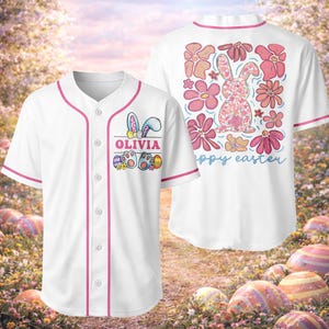 Personalisierte Frohe Ostern Baseball Jersey, süßes Häschen Button-Down-Hemd, Unisex Oster Familien Reise Outfit, Häschen-Liebhaber Geschenk