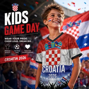 May include: A short-sleeved V-neck shirt featuring the red and white Croatian checkerboard pattern, the Croatian coat of arms, and the text CROATIA 2026. The design includes a graphic of a crowd and flags at the bottom against a blue background.
