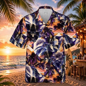 May include: Short-sleeved button-down shirt with a tropical palm tree pattern in shades of purple, blue, and orange. The shirt features a classic collar and a relaxed fit, perfect for a beach or vacation setting.