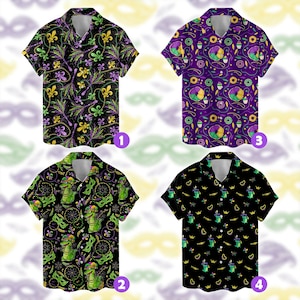 May include: Four short-sleeved button-down shirts with vibrant patterns. Designs include fleur-de-lis, Mardi Gras masks, alligators, and festive shapes in black, purple, green, and gold. Each shirt has a classic collar and button closure.