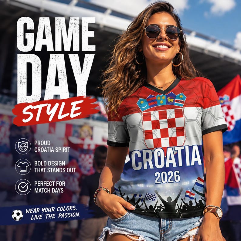 May include: A V-neck t-shirt featuring the red and white checkered pattern of the Croatian flag, the text CROATIA 2026, and a graphic of a cheering crowd. The shirt includes a crest design at the top and a subtle hexagonal pattern overlay.