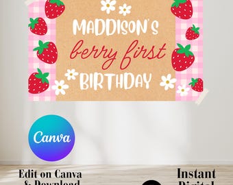 Berry First Birthday Banner Template, Digital Download, Editable First Birthday Banner, Kraft Banner Template, Strawberry First Birthday