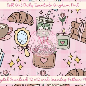 Przytulny wzór kawy bez szwu: różowa kratka gingham | Cyfrowy papier pastelowy Coquette | PNG | Urocze książki, matcha, kwiaty i tło kawiarniane