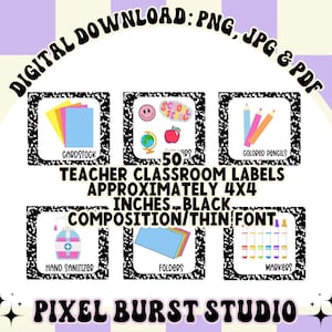 50 teacher classroom labels in black composition design with thin font| teachers |digital download |png| pdf| jpg| ready to download & print
