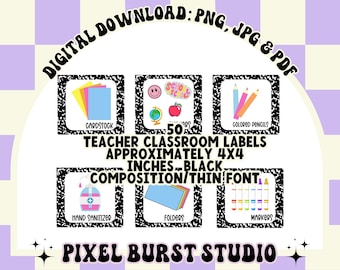 50 teacher classroom labels in black composition design with thin font| teachers |digital download |png| pdf| jpg| ready to download & print