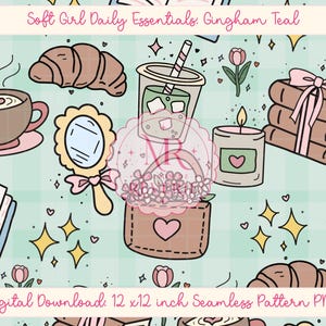 Przytulny wzór kawy bez szwu: kratka gingham teal | Cyfrowy papier pastelowy Coquette | PNG | Urocze książki, matcha, kwiaty i tło kawiarniane