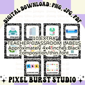 Extra teacher classroom labels in black composition design w.thin font| teachers |digital download |png| pdf| jpg| ready to download & print