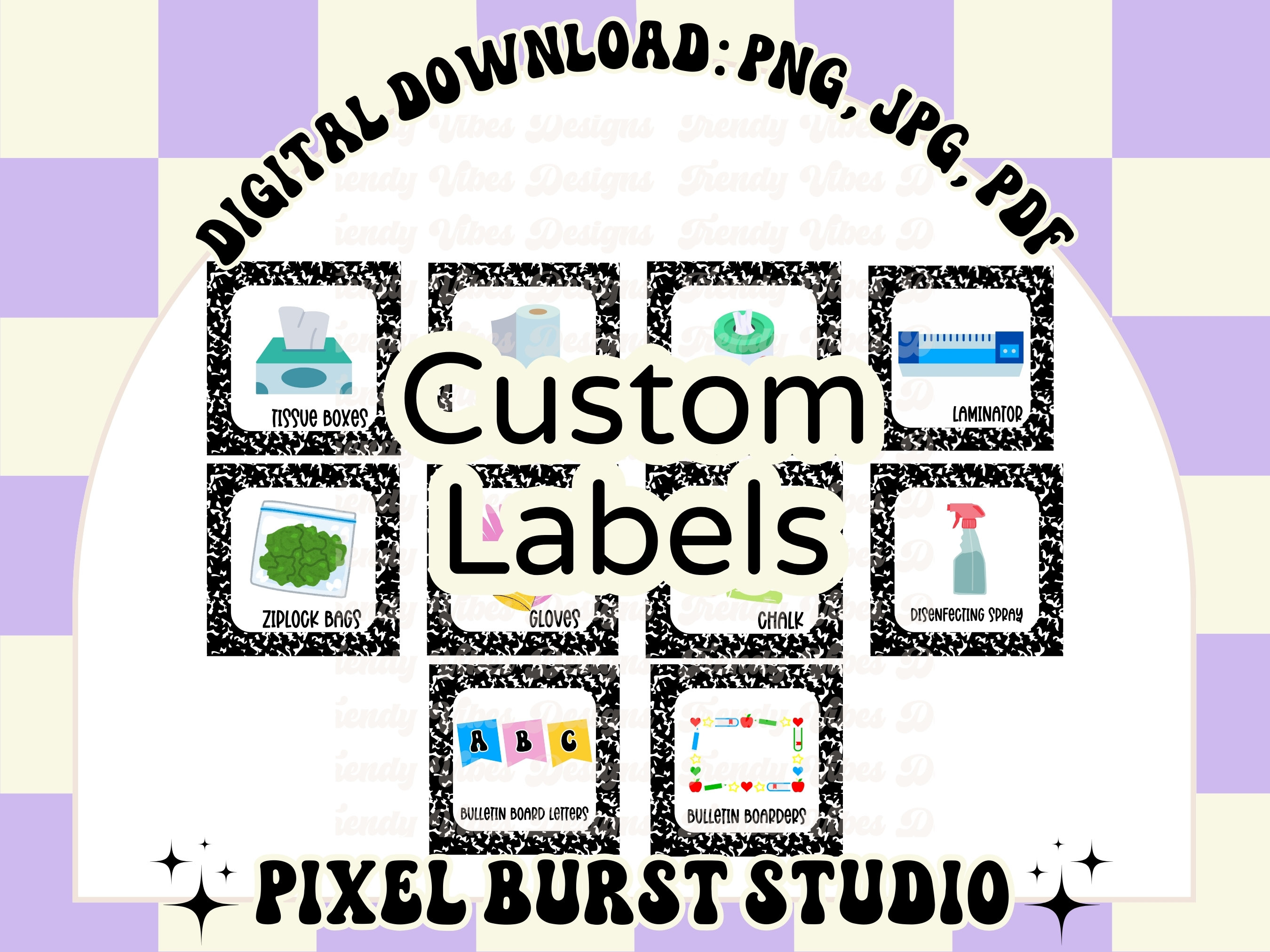 Custom teacher classroom labels in black composition design w.thin font| teachers |digital download |png| pdf| jpg|ready to download & print