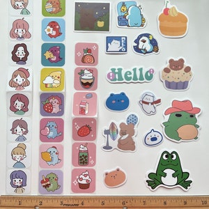 May include: A set of 30 colorful stickers featuring cute cartoon characters, animals, and food. The stickers are perfect for decorating journals, laptops, water bottles, and more.