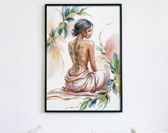Elegant Woman with Back Tattoo | Feminine Wall Art Print | Botanical Nude Illustration | Digital Download | Boho Decor | Tattoo Poster
