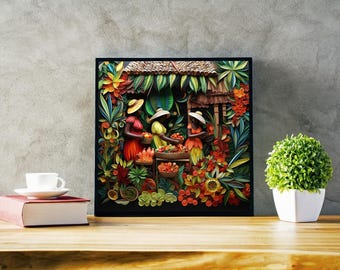 Tropical Caribbean Market Art Print: 3D Quilling Style, Caribbean Women (PDF Download)