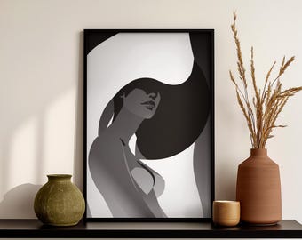Elegant Woman in Hat Art Print: Minimalist Black and White Portrait (PDF)