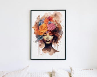 Floral Afro Woman Portrait: Watercolor Printable Art (PDF Download)