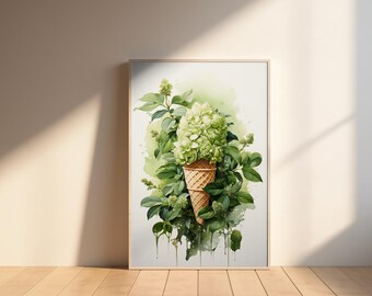 Hydrangea Ice Cream Cone Print: Whimsical Green Floral Watercolor (PDF Download)