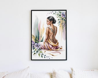 Elegant Woman with Back Tattoo | Feminine Wall Art Print | Botanical Nude Illustration | Digital Download | Boho Decor | Tattoo Poster