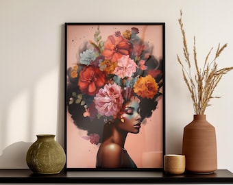Floral Afro Art Print: Ethereal Black Woman Botanical Portrait (PDF Download)
