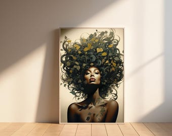 Black Woman Art Print: Afro Goddess, Botanical Hair (PDF Download)