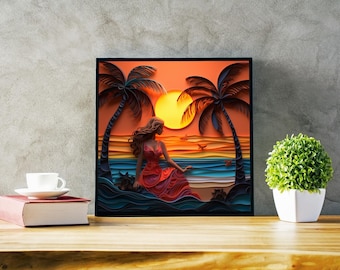 3D Quilling Style Caribbean Beach Sunset Print: Tropical Coastal Art (PDF Download