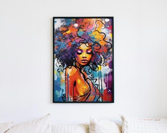 Vibrant Goddess Art Print: Afrocentric Graffiti Style Portrait