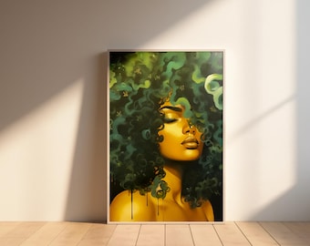 Ethereal Black Woman Art Print: Green & Gold Afrocentric Goddess (PDF Download)
