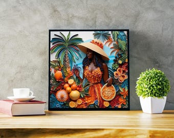 Tropical Caribbean Black Woman Paper Quilling Art: Summer Citrus Decor (PDF Download)