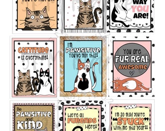 May include: Nine colorful cat-themed stickers with various sayings, including "I'm so glad you're here!!", "You're the cat's meow!" and "You are purrfect just the way you are!"
