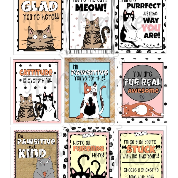 Positive Pun Cat Posters Classroom Decor Funny, Trendy, Cute, 9 PDF files, instant download