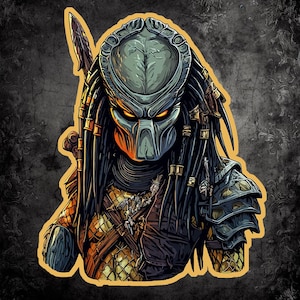 May include: A stylized illustration of a Predator character. The image features the Predator's iconic helmet, dreadlocks, and armor, with glowing orange eyes. The color palette includes shades of gray, black, and gold, with a textured background.