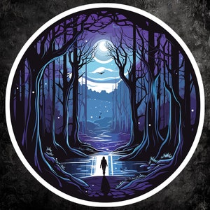 May include: A person walks through a dark forest with a moonlit sky above. The trees are tall and slender, and the path is lined with a stream of water. The scene is mysterious and atmospheric.