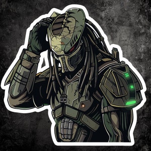 Puede incluir: Un personaje de Predator verde y negro con rastas, que lleva un casco con una visera roja y sostiene un arma. El personaje está representado en un estilo de cómic.