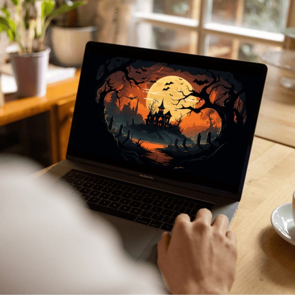Halloween Night's Embrace Desktop Wallpaper - Digital Download for Enchanted Atmosphere