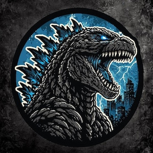 Può includere: Illustrazione dettagliata di Godzilla, un grande mostro grigio con accenti blu, su sfondo blu con fulmini e sagome di città. Il mostro ruggisce, con denti affilati visibili. L'immagine è incorniciata in un cerchio nero.