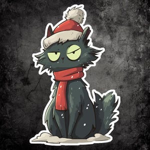 May include: A cartoon illustration of a black cat wearing a red and white Santa hat and a red scarf. The cat has green eyes and a grumpy expression. The image has a white border and a dark, textured background.
