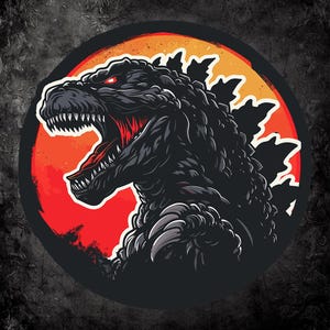 May include: A black and red illustration of Godzilla, a giant monster, roaring with a red mouth and glowing red eyes. The monster is set against a red and orange background.