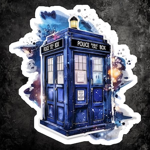 May include: A blue police call box with a watercolor background. The box has a sign that says "Police Public Call Box".