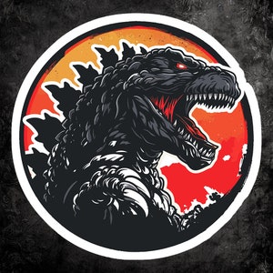 May include: A black and red illustration of Godzilla, a giant monster, roaring with its mouth open. The illustration is set against a red and orange background, resembling a sunset.