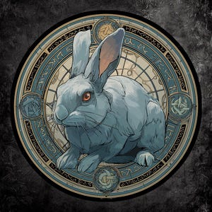 May include: A detailed illustration of a light blue rabbit with red eyes, centered within a circular design. The design features a light blue and gold border with intricate patterns and symbols, set against a dark, textured background.