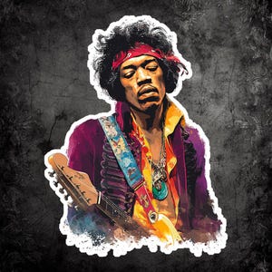 May include: A sticker featuring a stylized illustration of a musician with a guitar. The image depicts a man with a red headband, purple jacket, and a colorful guitar strap. The background is a dark, textured grey.