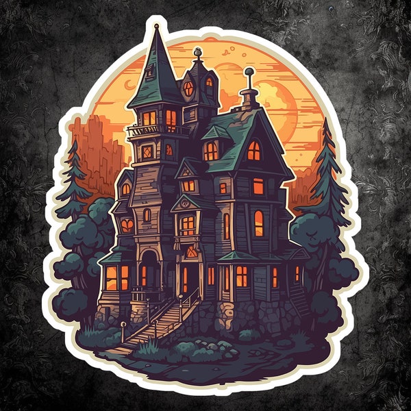 Eerie Estate Sticker - Haunted House Decal, Perfect for Laptops, Notebooks, and More