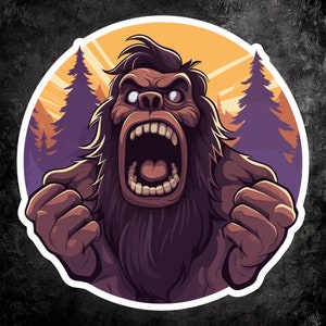 May include: A cartoon illustration of a brown and black Bigfoot with a white background. The Bigfoot is roaring with its mouth open and has a white eye with a black pupil. The Bigfoot is surrounded by trees.